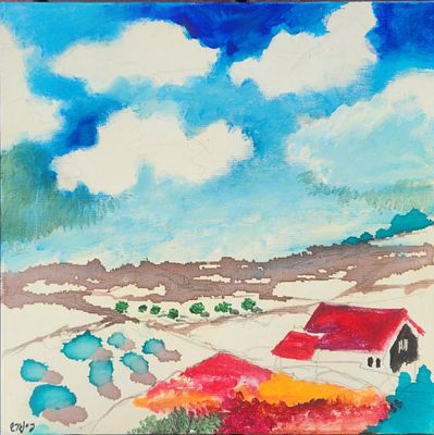 עודד פיינגרש (1938) שלג בגולן, אקריליק על בד, חתום, 30X30 ס"מ