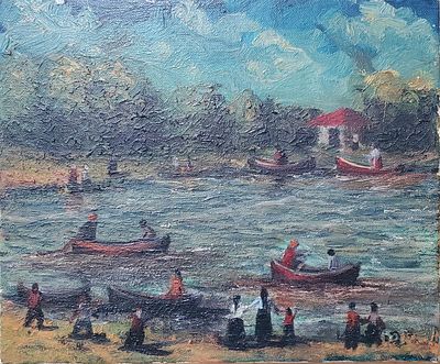 אמנון הופטמן (1948), דייגים בנהר, שמן על בד, חתום, 25X30 ס"מ