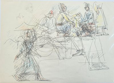 אריה לובין (1897-1980) דמויות בקפה, טכניקה מעורבת על נייר, חתום, 35X25 ס"מ