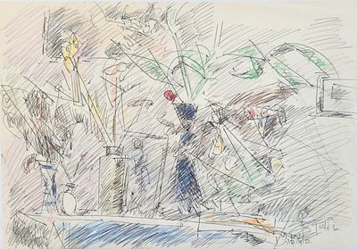 אריה לובין (1897-1980) דומם, טכניקה מעורבת על נייר, חתום, מתוארך ומוקדש למשורר נתן זך, 35X25 ס"מ