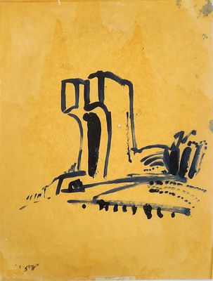 יגאל עוזרי (1958) גשר, שמן על נייר שעווה, חתום, 35X27 ס"מ