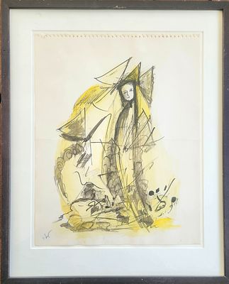 לאה גולדברג המשוררת (1911-1970) ז'אן דארק, טכניקה מעורבת על נייר, חתום, ניתן במתנה למשורר נתן 