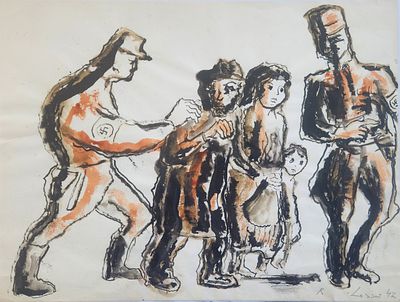 רודי לסר (1902-1988) RUDI LESSER, נאצים ויהודים בשואה, אקוורל, חתום ומתוארך 1942, 39X30 ס"מ