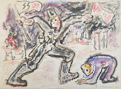 רודי לסר (1902-1988) RUDI LESSER, נאצים ויהודים בשואה, אקוורל, חתום ומתוארך 1940, 35X27 ס"מ