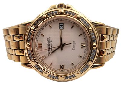 שעון יד RAYMOND WEIL שוויץ, דגם TANGO, מצופה זהב, ספיר קריסטל מצב עבודה, כחדש, קוטר 35 מ"מ. 