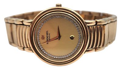 שעון יד RAYMOND WEIL שוויץ, מצופה זהב 18K, מצב עבודה, כחדש, קוטר 31 מ"מ. 
"בית המכירות אינו 