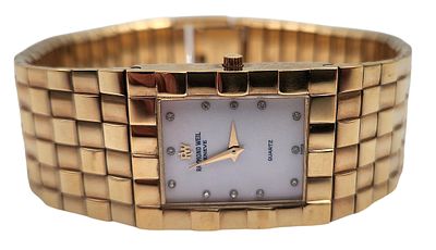 שעון יד RAYMOND WEIL שוויץ, מצופה זהב 18K, מצב עבודה, כחדש, קוטר 23 מ"מ. 
"בית המכירות אינו 