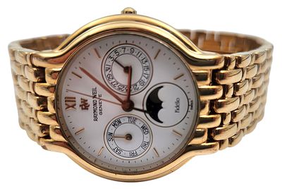 שעון יד RAYMOND WEIL שוויץ, דגם FIDELIO, מצופה זהב, קריסטל ספיר, מצב עבודה כחדש, קוטר 31 מ"מ. 