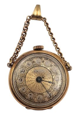 שעון תליון זהב 18K עתיק מכני, משובץ אמרלד טבעי, במצב עבודה, קוטר 27 מ"מ, משקל 17 גרם. 
"בית 