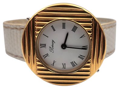 שעון יד POIRAY צרפת, זהב 18K ופלדה, כולל 9 רצועות מקוריות בצבעים שונים, בקופסת עור מקורית, במצב 