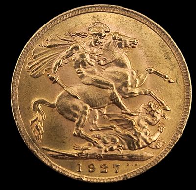 מטבע סוברין 1927 זהב 22K, קוטר 22 מ"מ, משקל 7.98 גרם