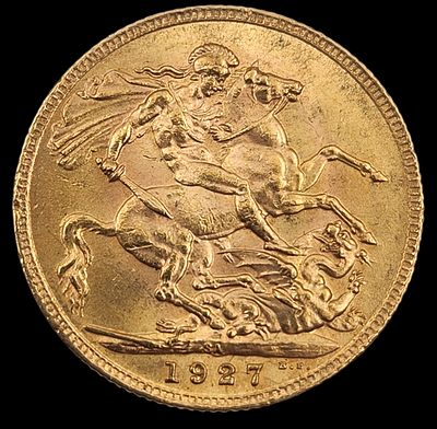 מטבע סוברין 1927 זהב 22K, קוטר 22 מ"מ, משקל 7.98 גרם