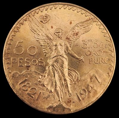 מטבע 50 פזוז 1947 זהב 900, קוטר 35 מ"מ, משקל 41.65 גרם