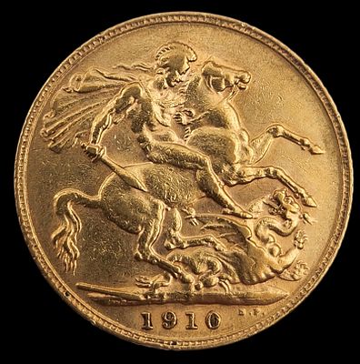 מטבע סוברין 1910 זהב 22K, קוטר 22 מ"מ, משקל 7.98 גרם