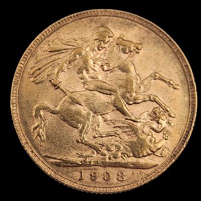 מטבע סוברין 1908 זהב 22K, קוטר 22 מ"מ, משקל 7.98 גרם