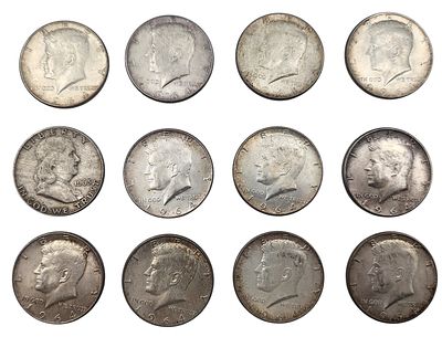 אוסף 11 מטבעות חצי דולר 1964, מטבע חצי דולר 1963 כסף 900, משקל כולל 149 גרם.