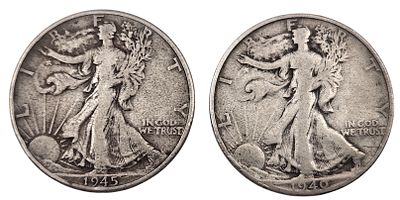 שני מטבעות חצי דולר 1940, 1945 כסף 900, משקל כולל 24.6 גרם