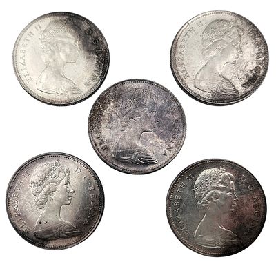 אוסף 5 מטבעות דולר קנדי 1966 כסף 800, משקל כולל 116.6 גרם