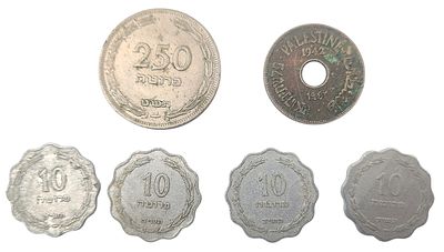 לוט מטבע 10 מיל 1942, מטבע 250 פרוטה 1949, 4 מטבעות 10 פרוטה 1952