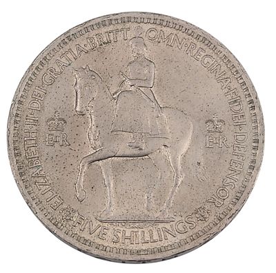 מטבע הכתרה של אליזבת השני, 5 שילינג אנגליה 1953, ומטבע 2 שילינג 1956.