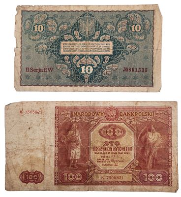 לוט 2 שטרות 10 מארק פולני 1919 ו- 100 זלוטי פולין 1946, מצבים שונים