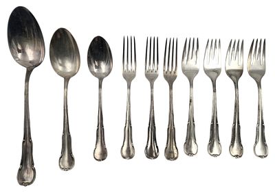 חלקי סט סכו"מ WMF כסף 800 גרמניה, כולל 7 מזלגות, כף הגשה גדולה, כף וכפית, סה"כ 10 חלקים, חתומים 