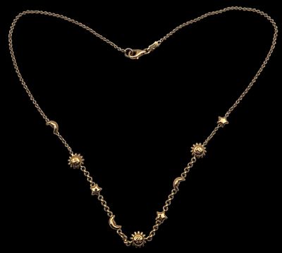 שרשרת זהב 14K מעוטרת תליונים קוסמיים של שמשות, ירחים וכוכבים, אורך 43 ס"מ, משקל 5.2 גרם