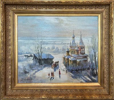 Алексей Валентинович Ефремов. Зимний пейзаж с храмом. Россия, 21 век. 
Холст, масло 