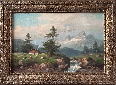 Горный пейзаж с рекой. Европа, Германия. Вторая половина 19 века. 
Холст, 
