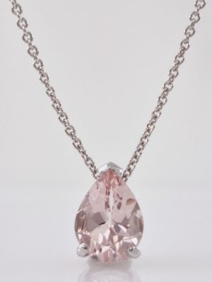 14K white gold necklace with a drop pendant set with a completely natural morganite stone 