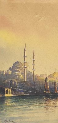 1929 Constantinople Signed Watercolor Painting. Watercolor painting on paper, depicting 