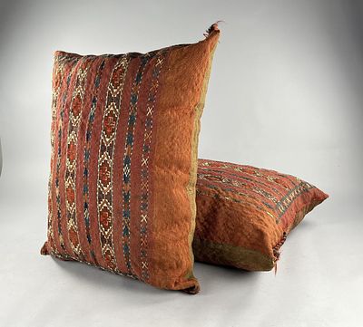 2 Semi Antique Turkmenistan Saddlebag Pillows. Two semi antique hand woven Turkmenistan 