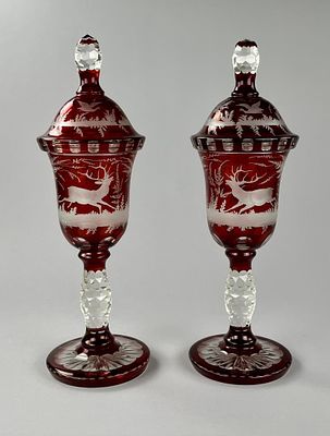 Pair of Bohemian Ruby Cut to Clear Glass Pokals. Pair of Bohemian (Czechoslovakia / Czech 