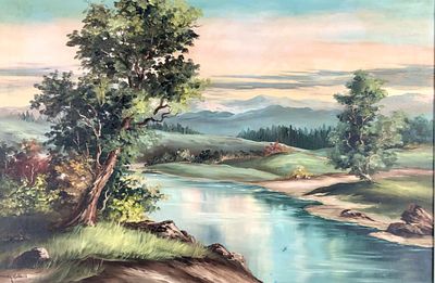 Elizabeth Hubbell Riparian Landscape Oil Painting. Riparian landscape oil painting on stretched 