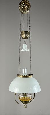Victorian Hanging Oil Lamp with Milk Glass Shade. Antique, Victorian Era, adjustable height 