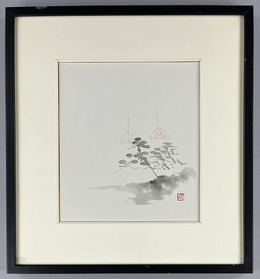 Japanese Brush Painting Windswept Lanterns. Japanese brush painting, depicting windswept 