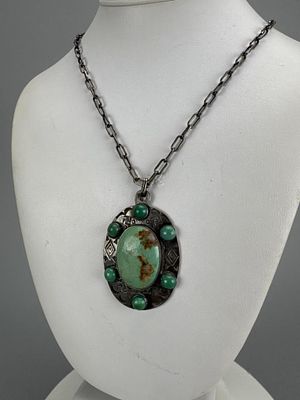 Fred Harvey-Era Whirling Log Turquoise Pendant. Navajo whirling log (left-facing 'swastika' IS 