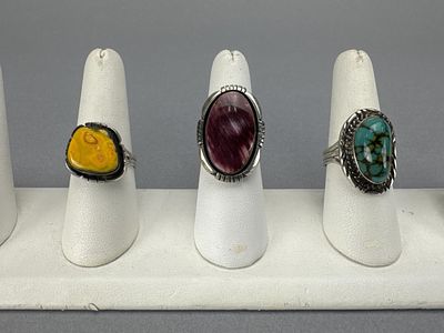 3 Signed Native American Sterling Silver Rings. Purple Spiny Oyster ring signed D (Joe 
