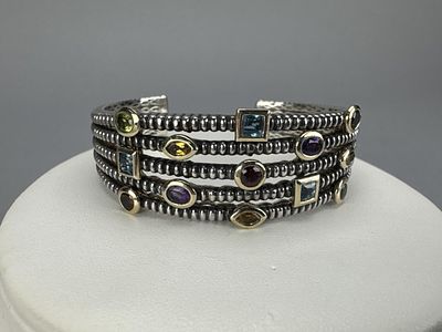 T & C Sterling 14K 5 Row Multi Gem Cuff Bracelet. Marked T&C 14K 925 and weighs 46.2 grams.