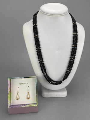 14K Clasp Black Glass Bead Necklace, 10K Earrings. 24 inch, yellow gold clasp marked 14K next to 