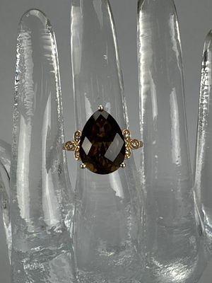 14K Strawberry Gold LeVian Smokey Quartz Ring. Marked LeVian 14KT on shank. Teardrop smokey 