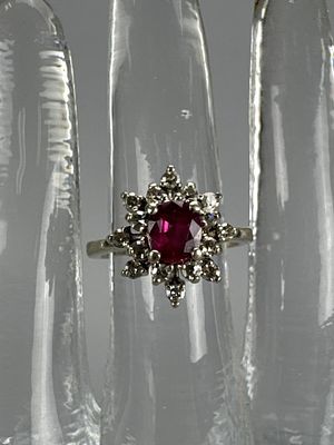 14K White Gold Ruby and Diamond Cluster Ring. White gold ring marked Treasure Chest 14K, 6 x 5.2 