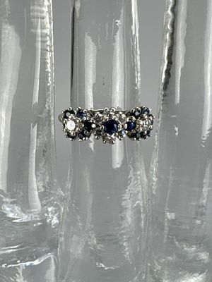 14K White Gold Sapphire and Diamond Cluster Band. Three cluster design ring marked 14K with 13 