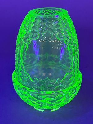 Wilkerson Vaseline Glass Fairy Lamp. Wilkerson fairy lamp made of uranium vaseline glass 
