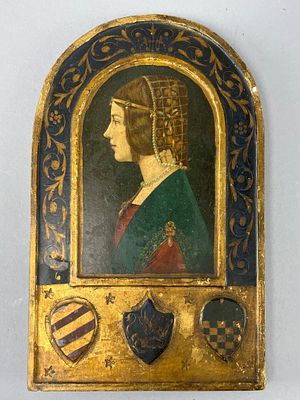 Early 1900's copy of Leonardo da Vinci's portrait of Beatrice d'Este. Features three heraldic 