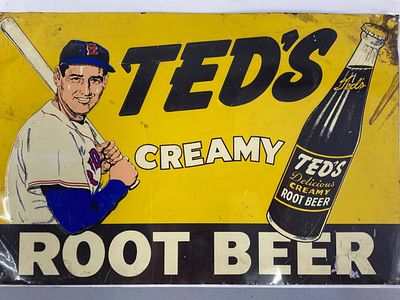 Ted’s Creamy Root Beer Embossed Metal Sign. Embossed metal sign advertising Ted's Creamy Root 