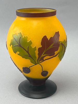 Yellow Glass Vase with Leaf Motif. Acid-etched yellow glass vase featuring a multi-color leaf 