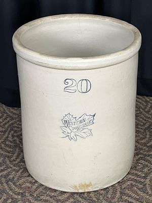 Western Stoneware 20-Gallon Crock. Large Western Stoneware 20-gallon crock with maple leaf logo 