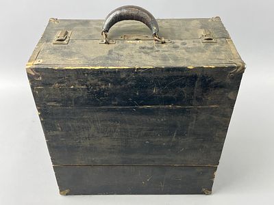 Black Wooden Storage Box with Handle. Black wooden storage box with metal reinforcements on 