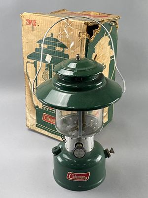 Coleman Green 228F Lantern with Box. Coleman green 228F camping lantern with metal handle and 